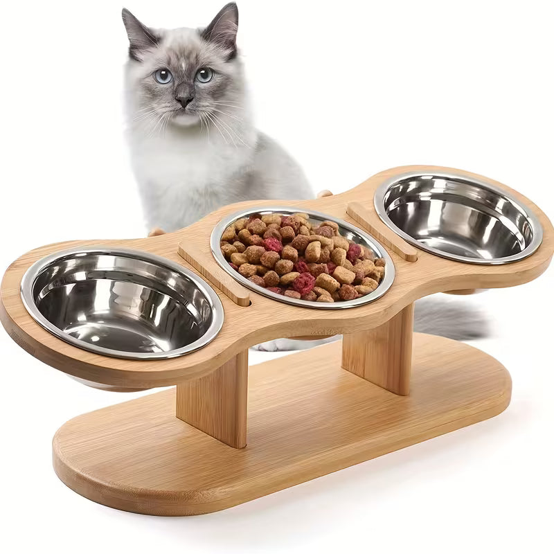 Elevated Bamboo Cat Feeder with 3 Bowls