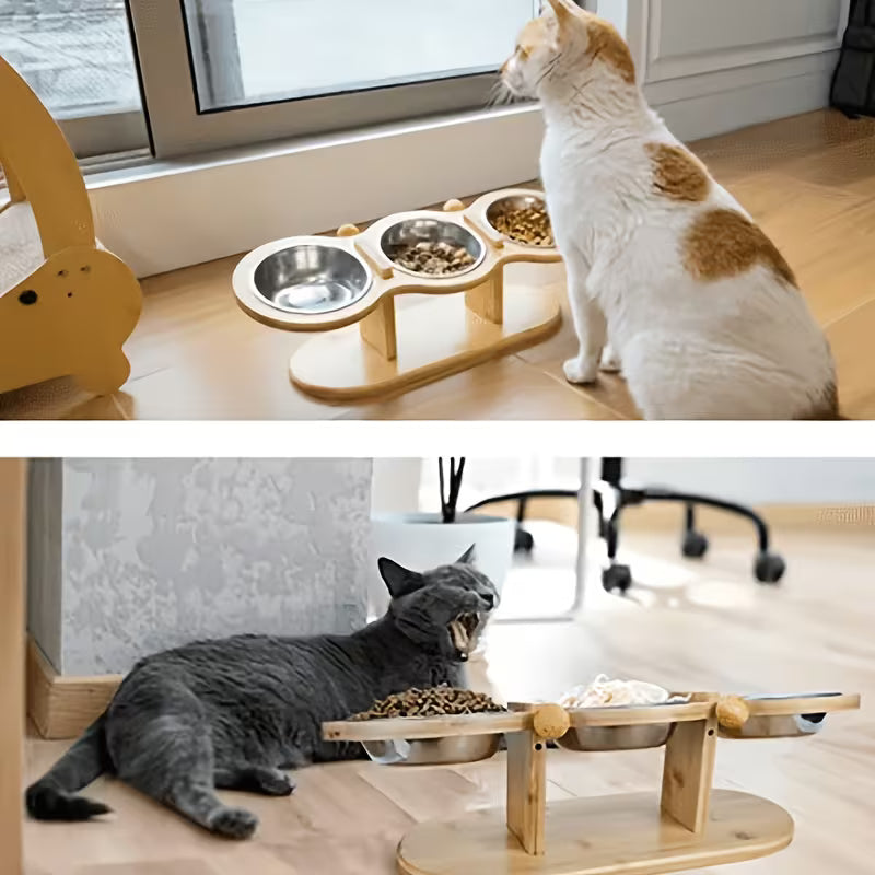Elevated Bamboo Cat Feeder with 3 Bowls