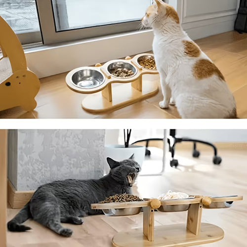Elevated Bamboo Cat Feeder with 3 Bowls