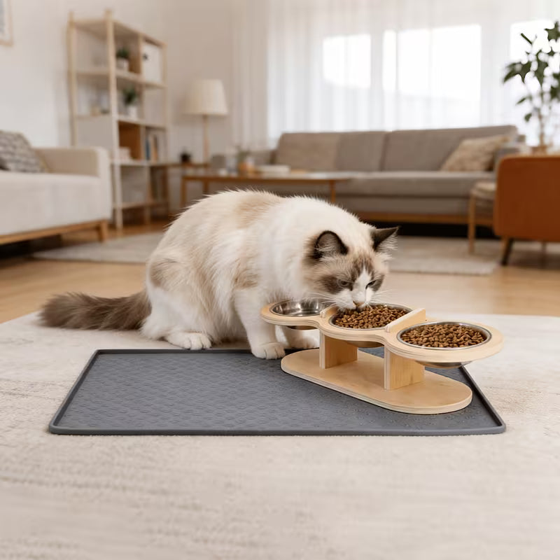 Elevated Bamboo Cat Feeder with 3 Bowls