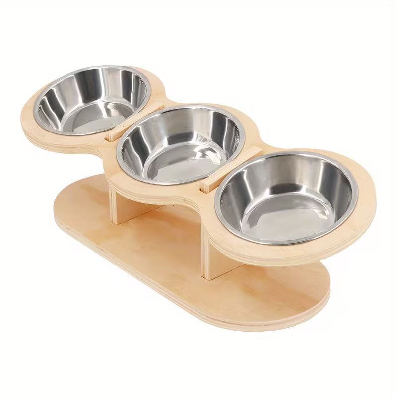 Elevated Bamboo Cat Feeder with 3 Bowls